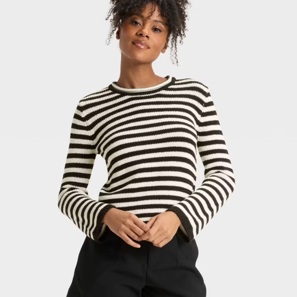 100% Cotton Black and Cream Striped Sweater - S